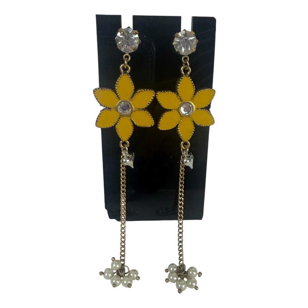 Yellow Flower Drop Earrings Gold Tone Enamel Daisy Pearl Rhinestone Dangle